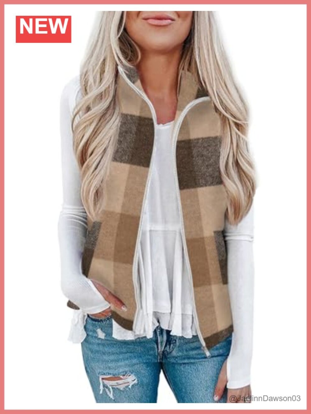 Plaid Sleeveless Zip Up Vest with Pockets